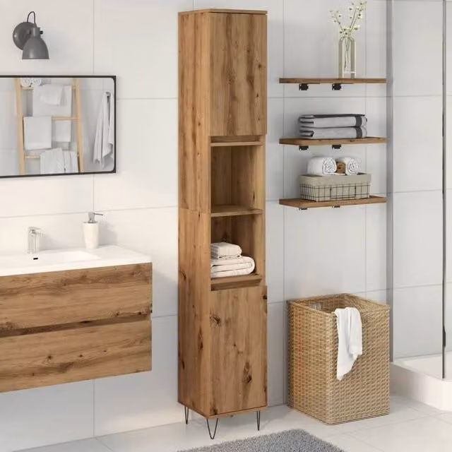 Berkfield Home Classic Artisan Oak Bathroom Cabinet in Brown, W/D/H: 30 x 30 x 190 cm
