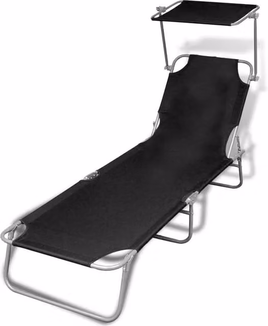 Berkfield Home Folding Sun Lounger with Canopy in Black Steel and Textilene Fabric