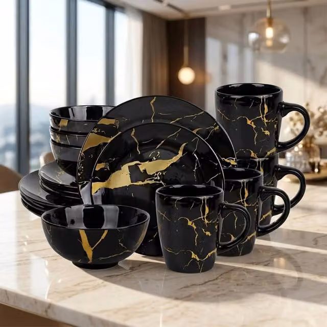 Alivio 16-Piece Ceramic Dinnerware Set in Black and Gold