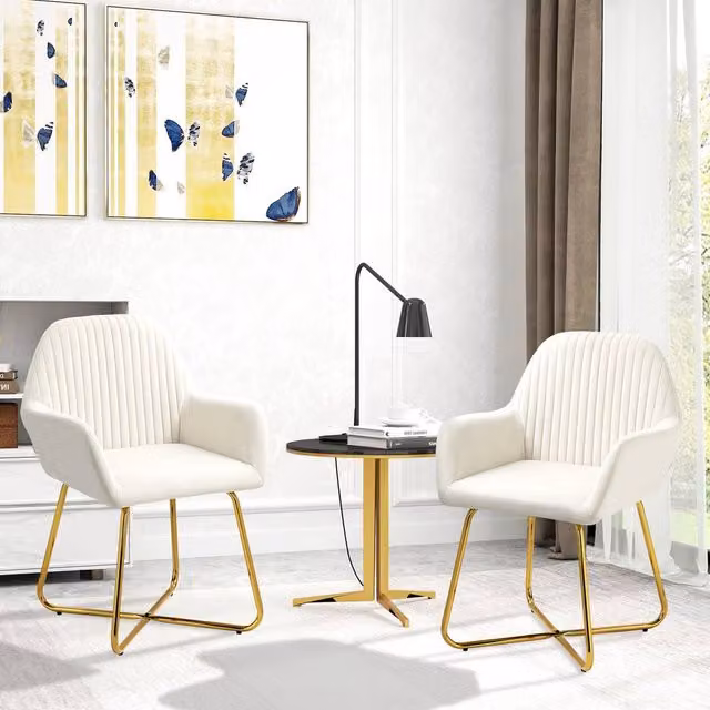 HOMCOM Set of 2 Modern Velvet-Touch Fabric Accent Chairs with Metal Frame in Beige and White