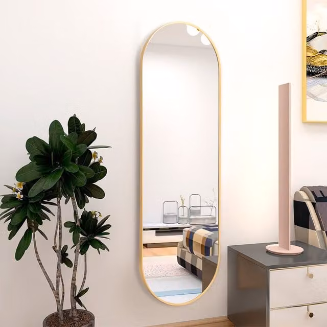 Livingandhome Oval Metal Full Length Wall Mirror in Gold, H 120 cm x W 40 cm