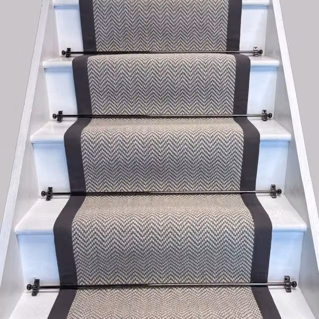 RainbowHome Herringbone Dapple Pure Wool Stair Runner with Grey Cotton Border in White, W: 50 cm x L: 700 cm