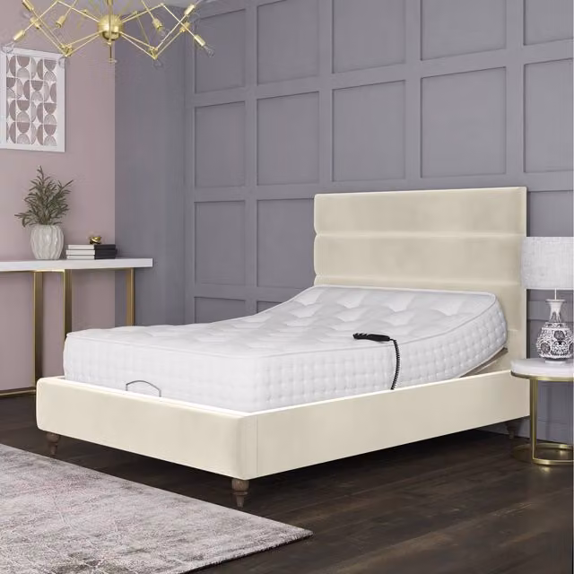 Penelope Premium Motorised Electric Adjustable Bed Frame, Upholstered Fabric, Beige/White, W: 180 cm, D: 200 cm