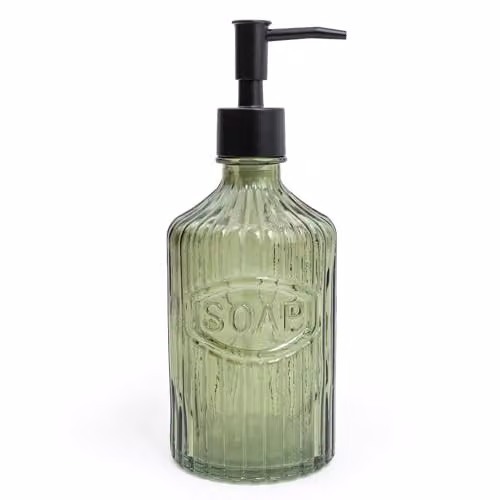 Candlelight Apothecary Glass Soap Dispenser with Black Pump in Green