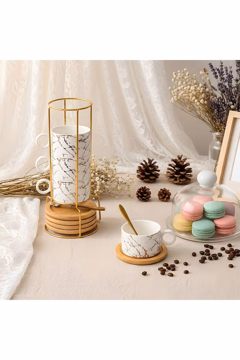 Living and Home 5 Piece Ceramic Coffee Cup and Saucer Set with Spoons and Metal Stand in White