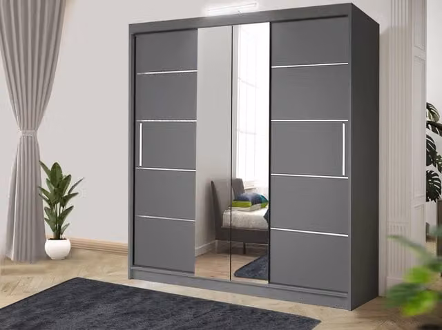RAC3 Oslo Modern White and Grey Sliding Bedroom Wardrobe with LED Lighting, Mirror and Internal Drawers, Width: 203 cm