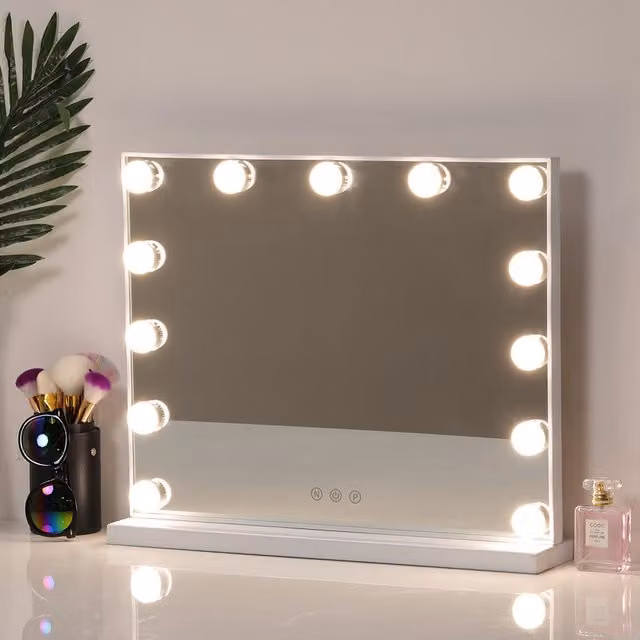 Livingandhome Glamour Hollywood Tabletop Mirror in White with Dimmable LED Light and Touch Switch