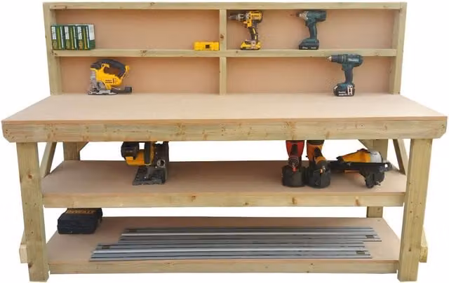 Arbor Garden Solutions MDF Top Workbench with Back Panel and Double Shelf in Natural Wood, Width: 180 cm