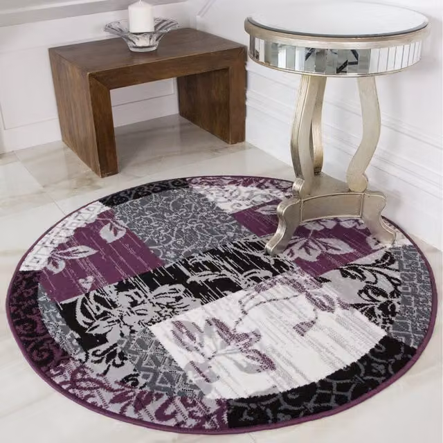The Rug House Purple Black Grey Floral Patchwork Living Room Rug, W/D: 120 x 120 cm