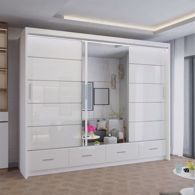 Sliding Wardrobes 4 u Kyoto Modern High Gloss Sliding Door Wardrobe in White with Mirror and Integrated Drawers