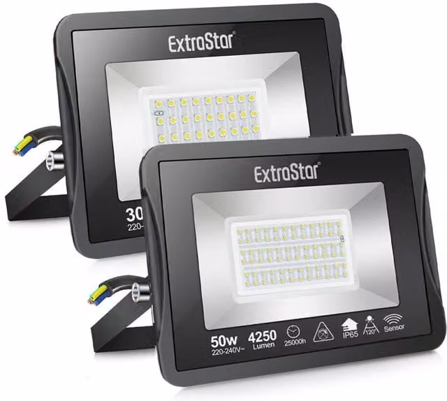 ExtraStar 30 W LED Floodlight, 6500K Cool White, IP65 Waterproof, Black Aluminium Wall Light