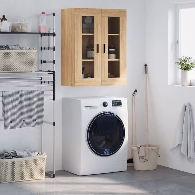 Berkfield Home Wall Mounted Sonoma Oak Cabinet in Brown with Glass Doors, W/D/H: 69.5 x 34 x 90 cm