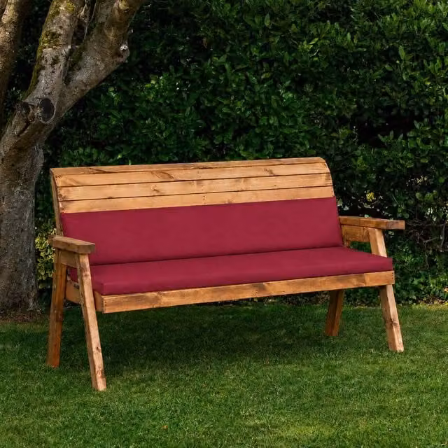 Samuel Alexander Hand Made 3 Seater Rustic Treated Hardwood Garden Bench with Waterproof Burgundy Cushions