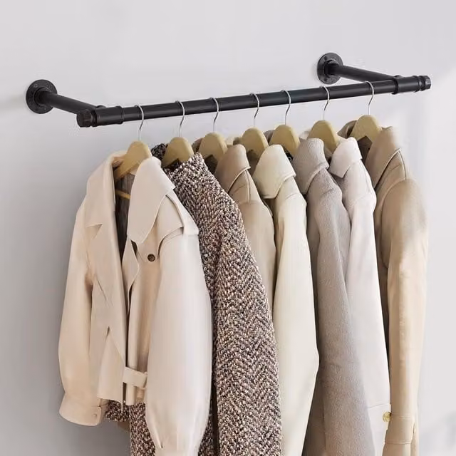 The Bazaarist Industrial Wall-Mounted Metal Clothes Rail in Matt Black, W/D/H: 84 x 30 x 60 cm