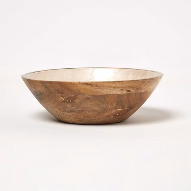 Homescapes Capiz Style Mango Wood Enamel Bowl in Yellow and Brown, Diameter: 25 cm