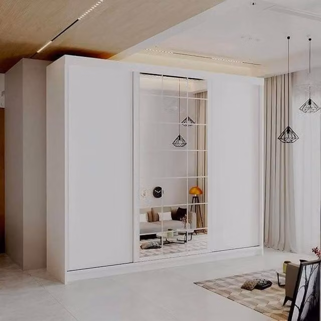MN Furniture Geneva Sliding Mirror Door Wardrobe with LED Lighting, W: 250 cm, H: 217 cm