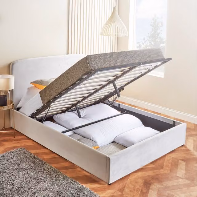 Home Treats Grey Velvet Upholstered Bed Frame with Lift Up Storage Base, 120 x 200 cm