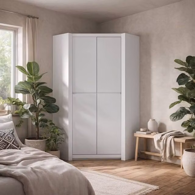 Wyld Haus Vienna 2 Door Corner Wardrobe in White Glossy Finish, H 198.5 cm x W 103.3 cm x D 66 cm