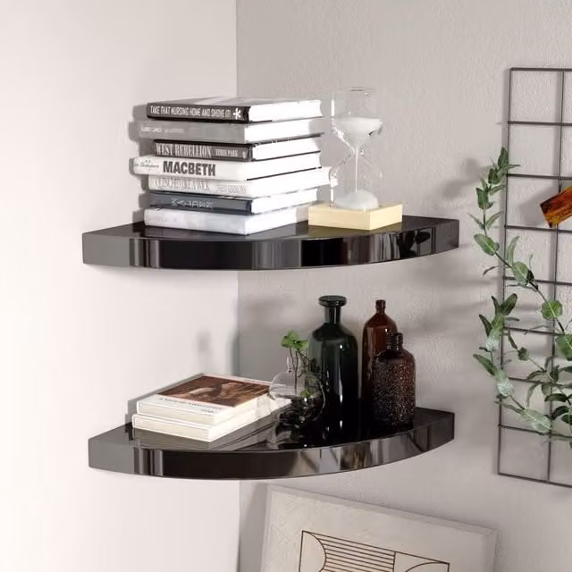 Berkfield Home High Gloss Black Floating Corner Shelves, 2 Pack, W/D/H: 35 x 35 x 3.8 cm