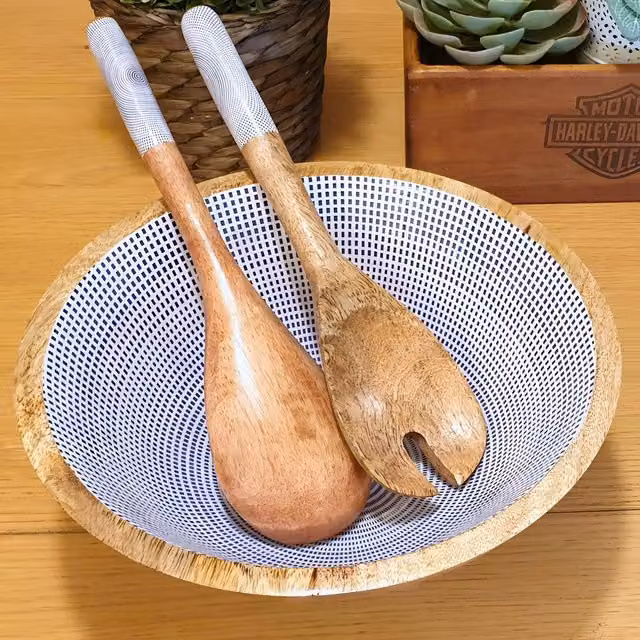 Hartsmede Hand Turned Medium Wooden Serving Bowl with Spoons in Geometric Blue