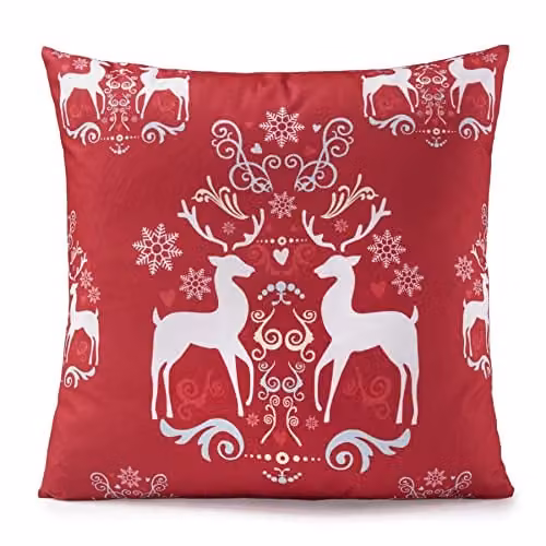 Luxury Living Christmas Reindeer Decorative Velvet Cushion, Red and Multicolour, W/D/H: 45 x 45 x 4.3 cm