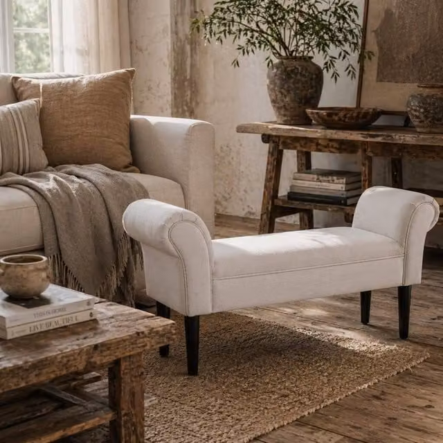 Wyld Haus Cream Padded Piano Bench with Lift Up Storage and Rubberwood Legs