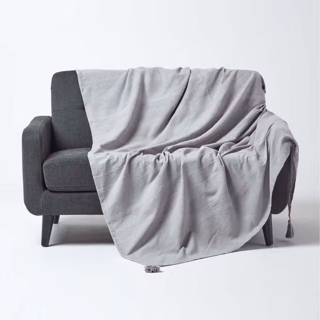 Homescapes Rajput Ribbed Cotton Throw Bedspread in Silver Grey, W: 225 cm, H: 255 cm