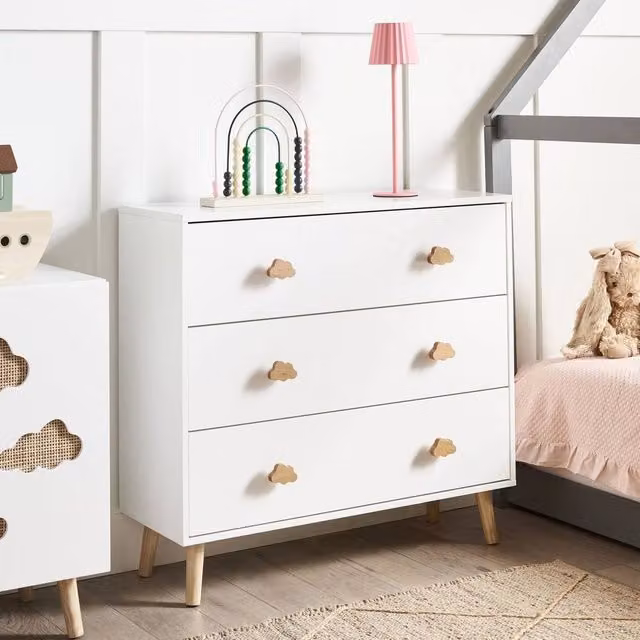 Wyld and Coco 3-Drawer White MDF Chest with Pine Legs and Cloud Handles