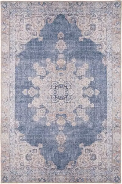 Kukoon Vintage Medallion Low Pile Rug in Denim Blue, Non-Slip and Washable, W/D/H: 120 x 170 cm