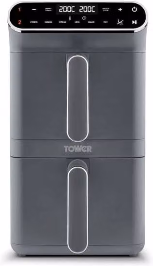 Tower T17190GRP Vortex XL Dual Stack Air Fryer in Grey with Digital Control Panel and Dual Zone Cooking