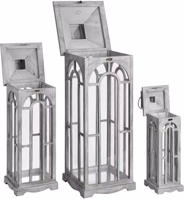 Hill Interiors Archway Design Wooden Hanging Candle Lanterns, Set of 3, Grey, H: 31.5 cm, W: 104.0 cm, D: 31.5 cm