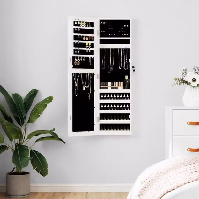 Berkfield Home White Wall Mounted Mirror Jewellery Cabinet with Internal Shelves and Lock, W: 30 cm, D: 8.5 cm, H: 106 cm