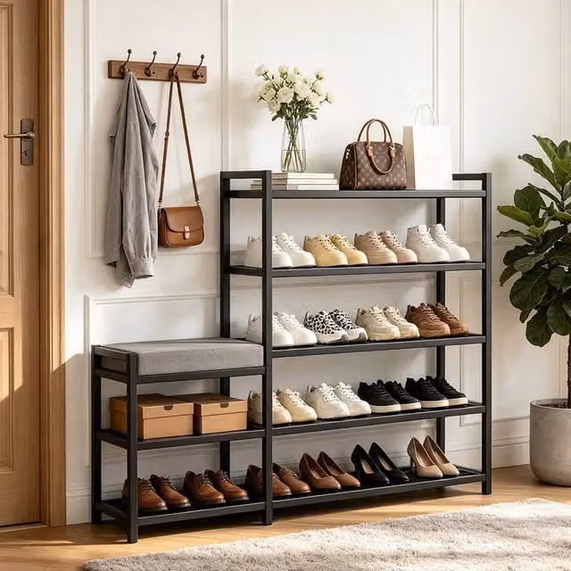 EONLION Black Modern Shoe Storage Rack and Bench Organiser