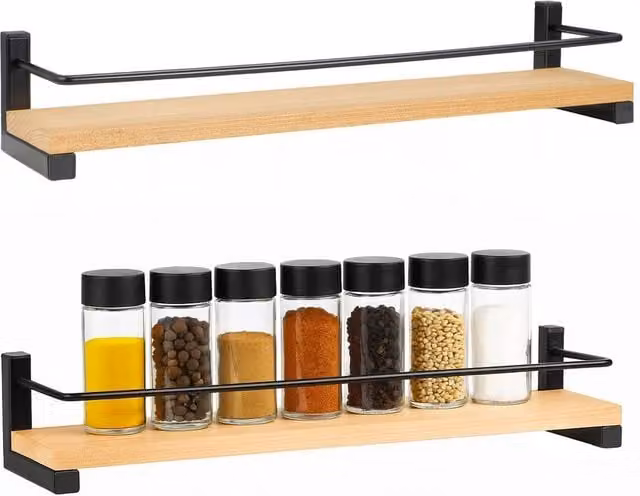 Hinsinc 2-Pack Brown Wooden Wall Mounted Kitchen Spice Racks, W/D/H: 40 x 9 x 7 cm