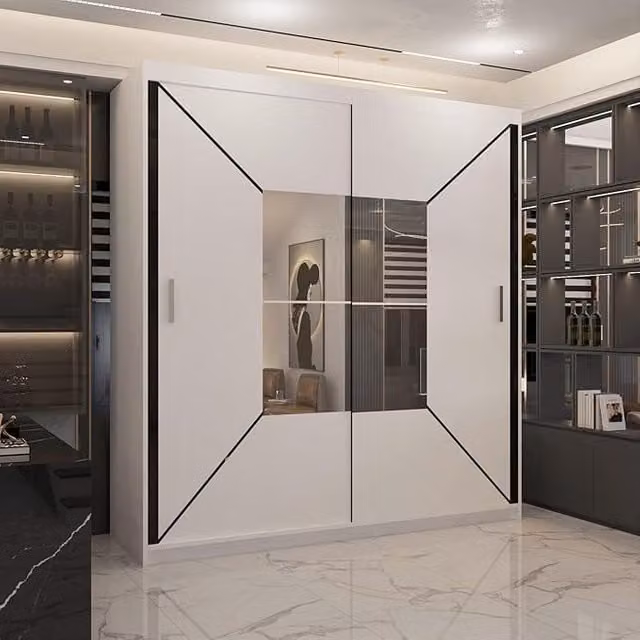 Sliding Wardrobes 4U Modern Double Sliding Wardrobe with Integrated LED Light, White, W: 180 cm, H: 217 cm, D: 62 cm