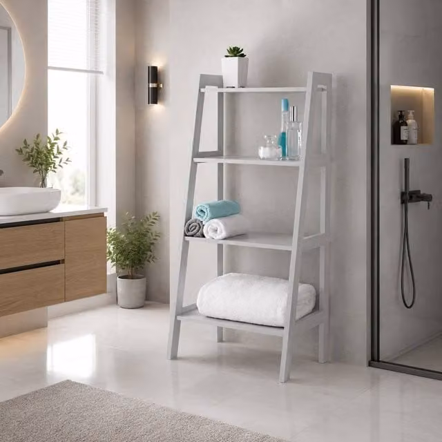 Saxony 4 Tier Grey Wooden Ladder Shelf Bathroom Storage Display Unit W/D/H: 43 x 31.5 x 90 cm
