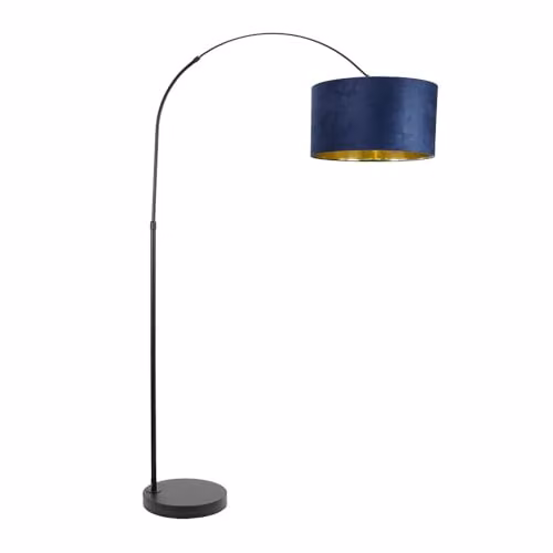 ValueLights Louis Black Arch Floor Lamp with Blue Fabric and Gold Inner Shade, H 180 cm x W 45 cm x D 45 cm