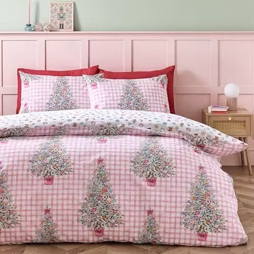 Catherine Lansfield Christmas Sweets and Treats Reversible King Duvet Cover Set with Pillowcases, Pink