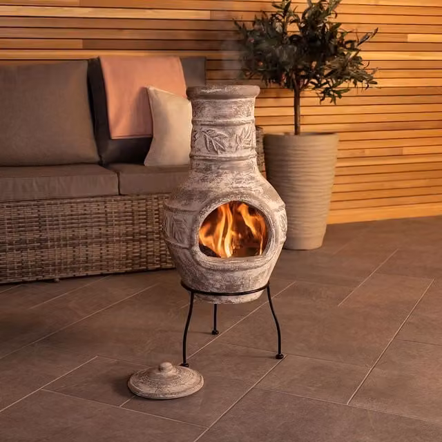 Charles Bentley Medium Clay and Steel Chiminea Outdoor Patio Heater Firepit in Grey