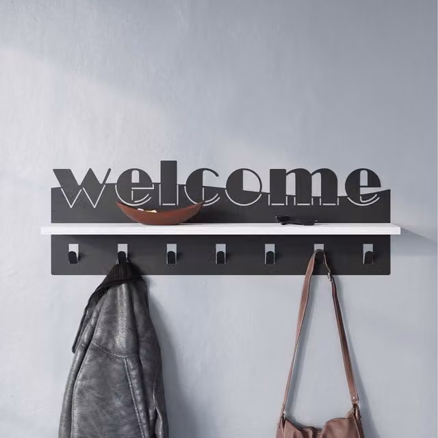 Decortie Welcome Wall-Mounted Coat Hanger Shelf with 7 Hooks, White, W: 86 cm, D: 15.2 cm, H: 26.8 cm