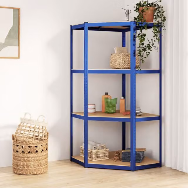 Berkfield Home 4-Layer Corner Shelf in Blue Steel and Engineered Wood with Adjustable Shelves