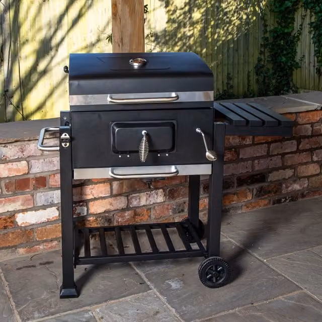 Samuel Alexander Black Steel Portable Rectangular Charcoal BBQ Trolley with Thermometer, Cover, Wheels and Warming Rack, W/D/H: 115 x 46 x 106 cm