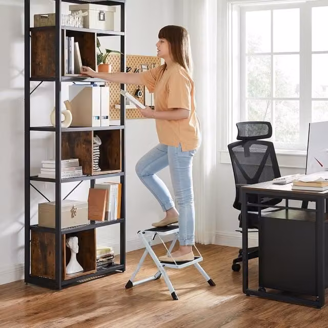 SONGMICS Heavy Duty 2-Step Steel Folding Ladder with Anti-Slip Mat in White