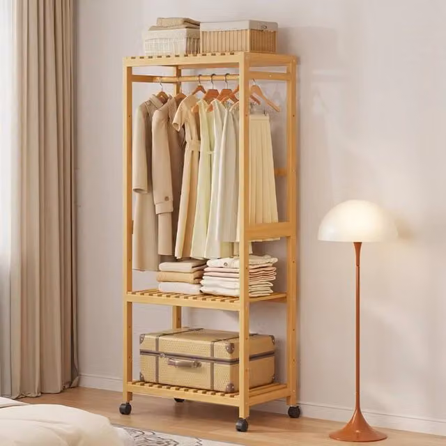 VOGREX Bamboo Open Wardrobe Rack with Shelves and Hanging Rod, Beige, W/D/H: 155 x 33 x 33 cm