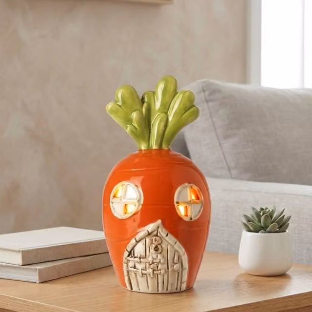 Garden Greatness LED Ceramic Carrot House Ornament, Orange and Multicolour Tabletop Decoration