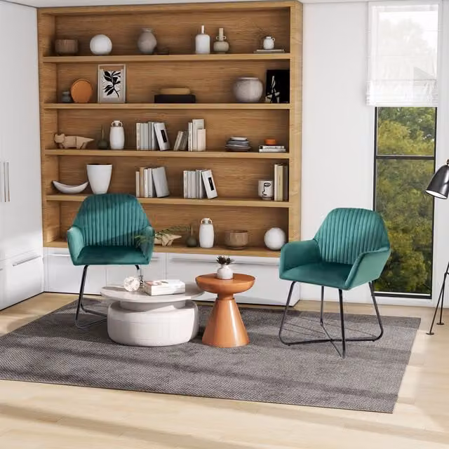 HOMCOM Set of 2 Modern Velvet Upholstered Accent Armchairs with Metal Base in Green