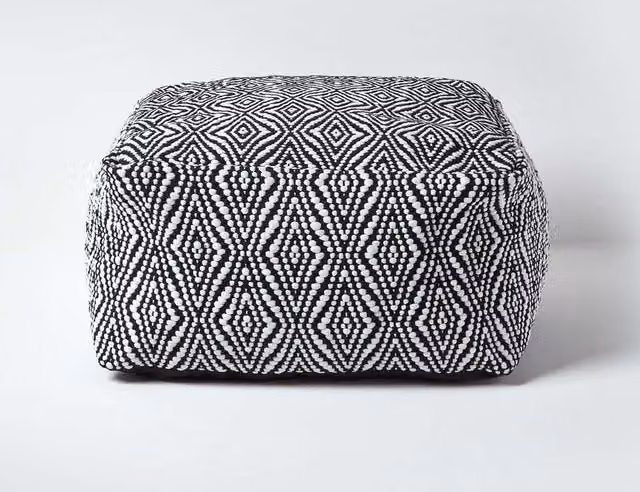 Homescapes Trance Diamond Pattern Square Bean Filled Pouffe, Black, W/D/H: 60 x 60 x 60 cm