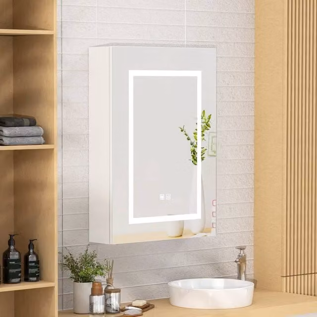 KEEPREAPER Illuminated Bathroom Mirror Cabinet in White with LED Lighting, Anti-Fog Demister and Sensor Switch, W/H: 50 x 70 cm