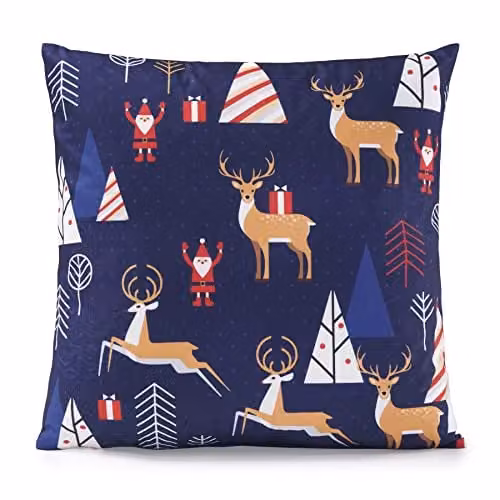 Luxury Living Christmas Eve Decorative Velvet Cushion with Pad, Multicolour and Blue, W/D/H: 45 x 45 x 4.3 cm