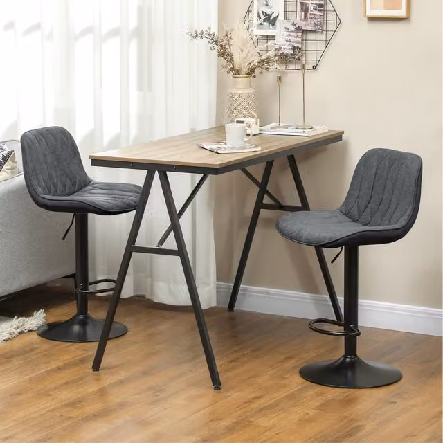 HOMCOM Set of 2 Adjustable Height Swivel Bar Stools in Grey Fabric and Metal